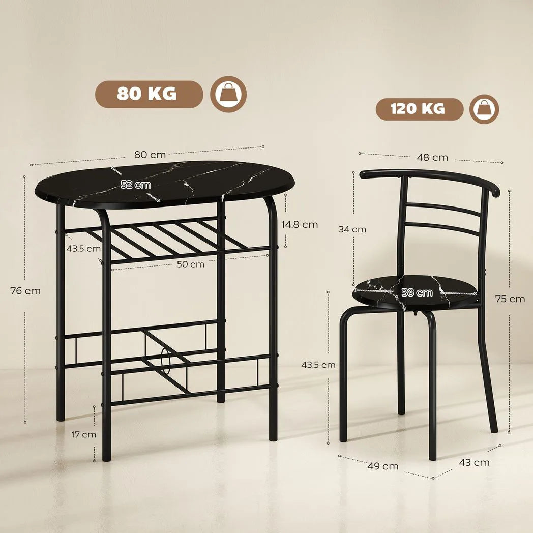 HOMCOM Three-Piece Compact Dining Set with Table and 2 Chairs – Space-Saving Kitchen Breakfast Bar Set, Black