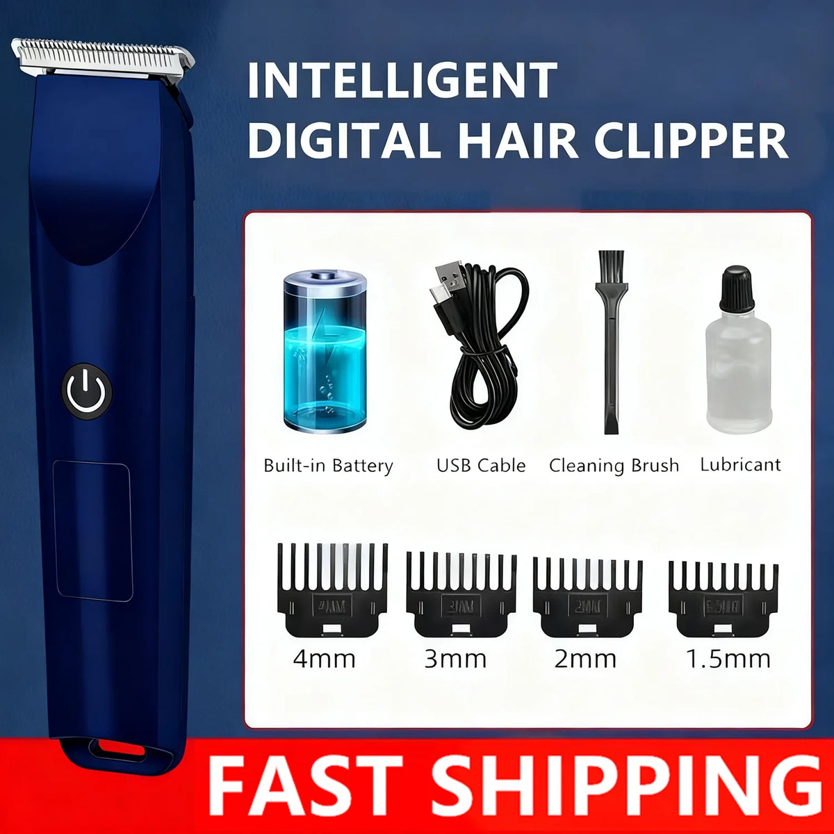 Electric Hair Clipper and Beard Trimmer with 4 Limit Combs & R-Shaped Floating Blade – Rechargeable, Blue