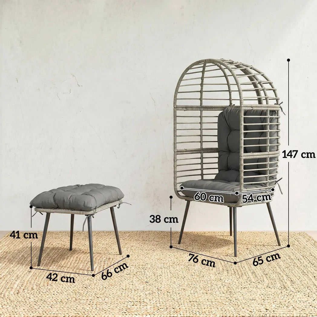 Outsunny Garden Egg Chair with Footstool, PE Rattan Indoor Outdoor Lounge Set with Thick Cushions – Light Grey