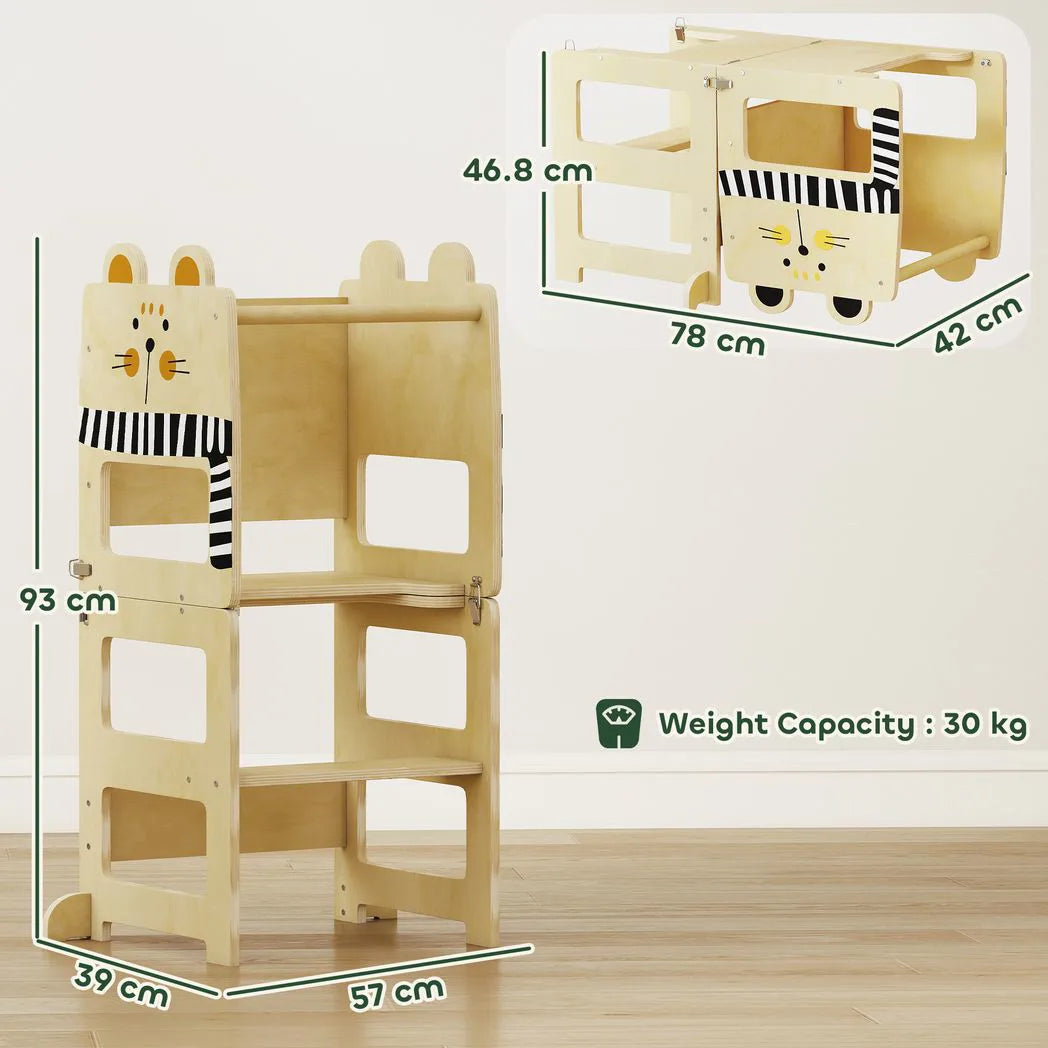 AIYAPLAY 3-in-1 Toddler Step Stool with Chalkboard – Cat-Shaped Kitchen Standing Tower, Natural