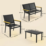 Outsunny 4 Seater Garden Sofa Set with Loveseat, 2 Armchairs and Glass Coffee Table, Black