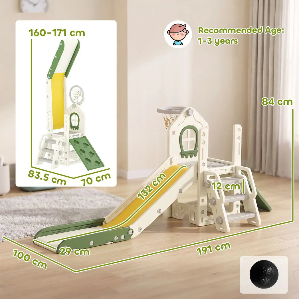 AIYAPLAY Foldable 5 in 1 Toddler Slide with Ladder, Climbing Wall, Basketball Hoop and Storage – Cream