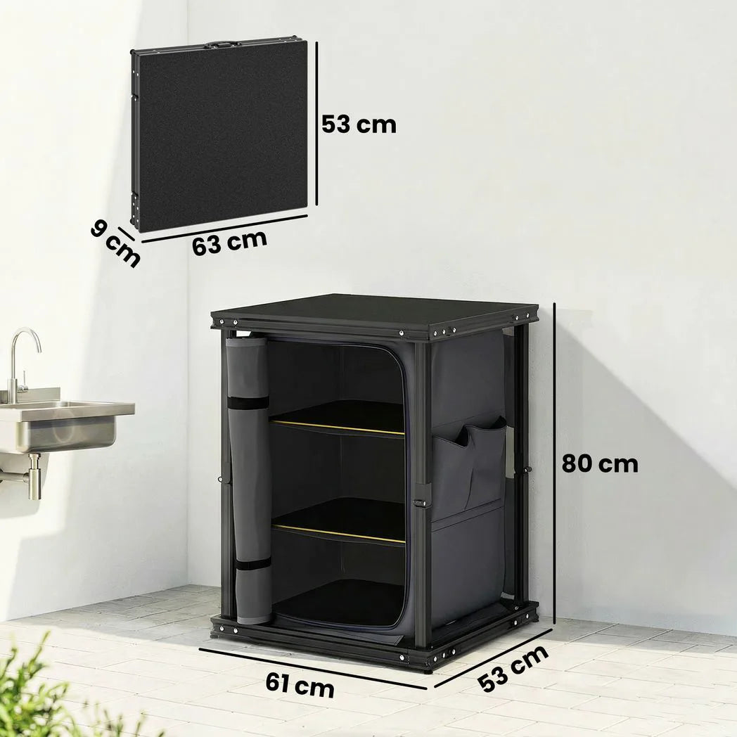 Outsunny Folding Camping Kitchen Cupboard with 3-Tier Storage and Adjustable Feet – Aluminium, Black