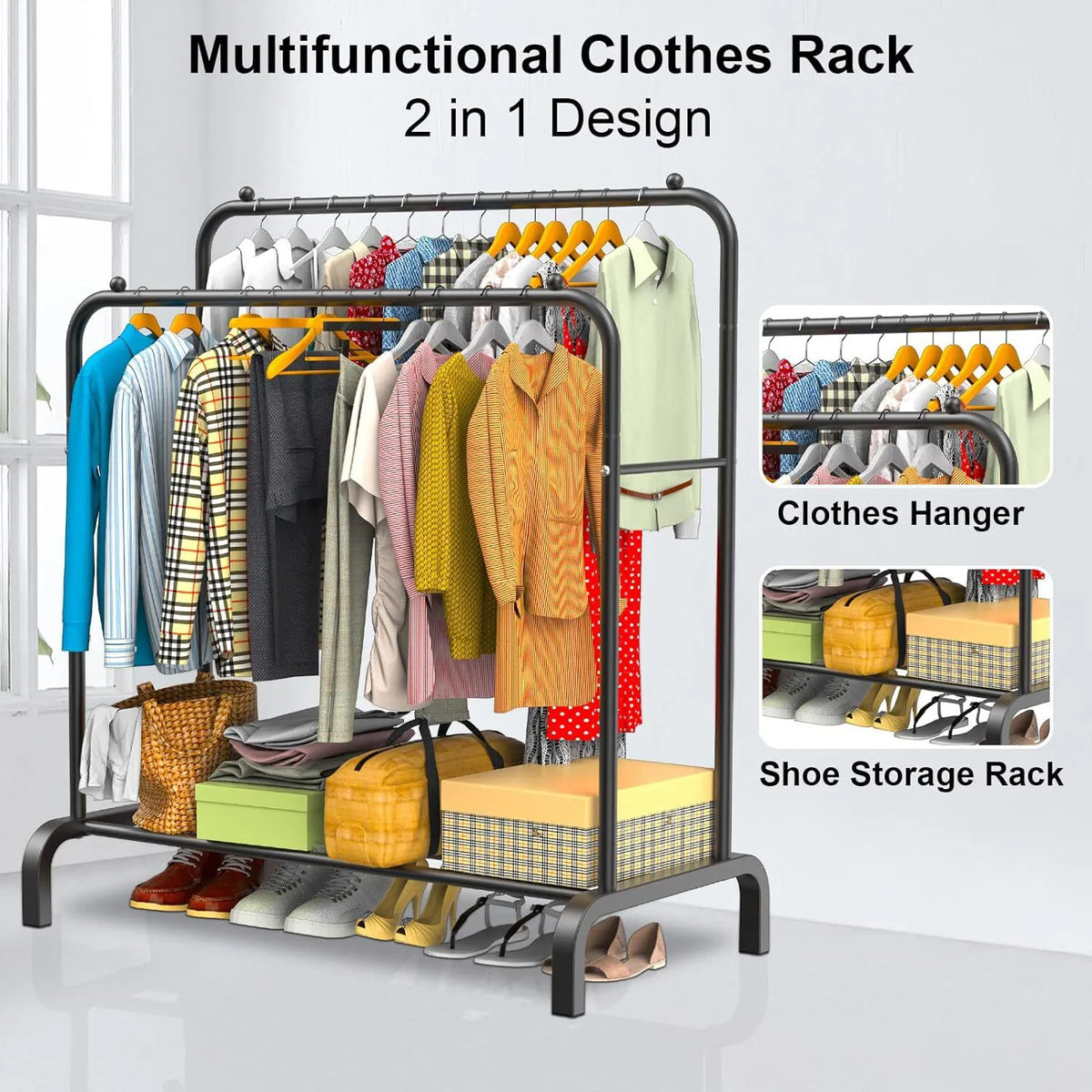 Heavy Duty Double Clothes Rail with Bottom Shoe Shelf, 110 x 54.5 x 150cm, Black