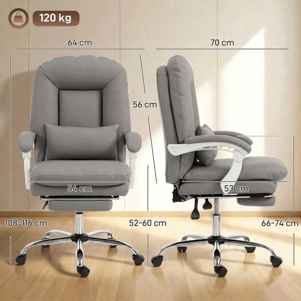 HOMCOM Ergonomic Executive Office Chair with 155° Recline, Lumbar Pillow & Footrest – PU Leather, Grey