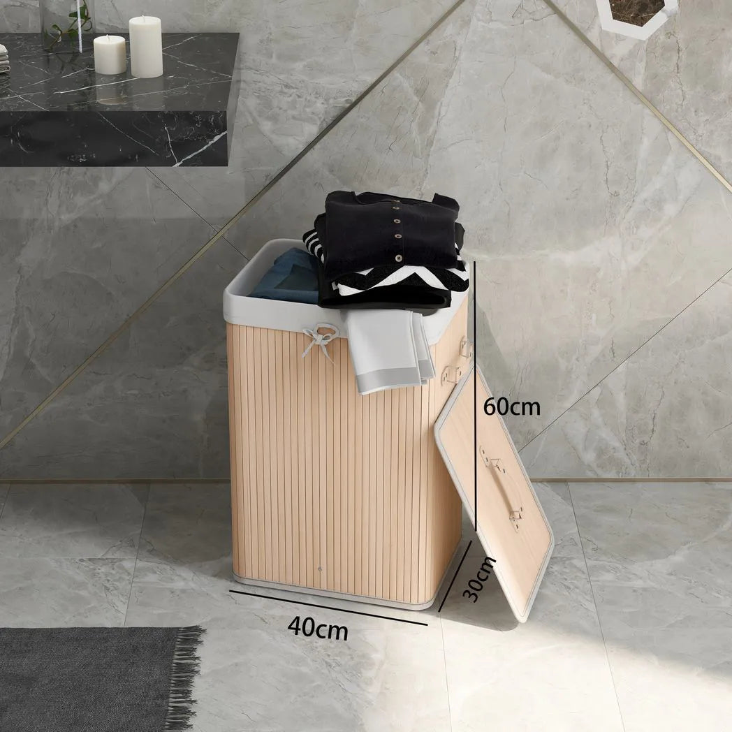 HOMCOM 70L Collapsible Bamboo Laundry Hamper with Lid & Removable Lining – Washing Basket, 40x30x60cm
