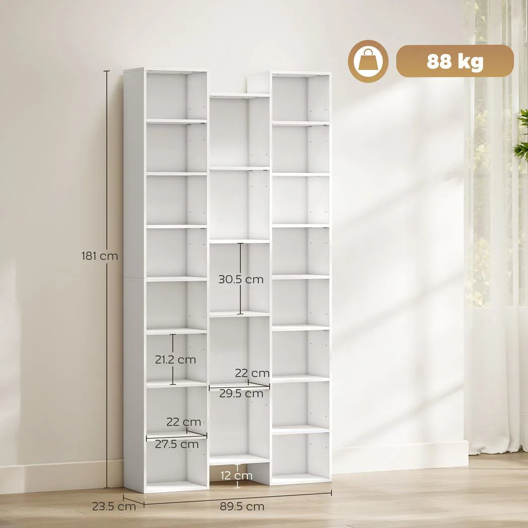 HOMCOM 21-Compartment Bookshelf with Asymmetrical Layout and Anti-Tipping Device – Steel and Board, White