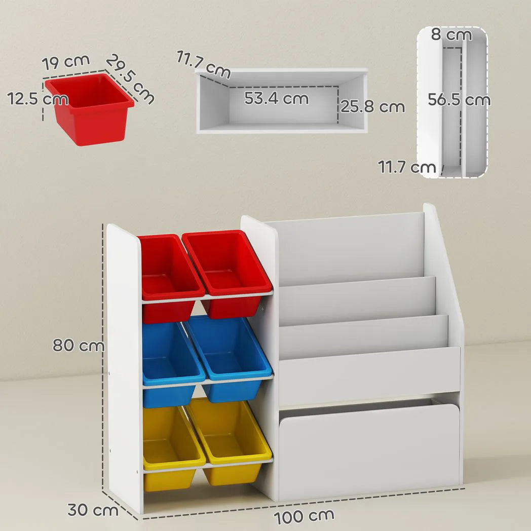 AIYAPLAY 3-Tier Kids Bookshelf & Toy Organiser with 6 Bins and Rolling Toy Box – Multicoloured
