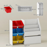 AIYAPLAY 3-Tier Kids Bookshelf & Toy Organiser with 6 Bins and Rolling Toy Box – Multicoloured