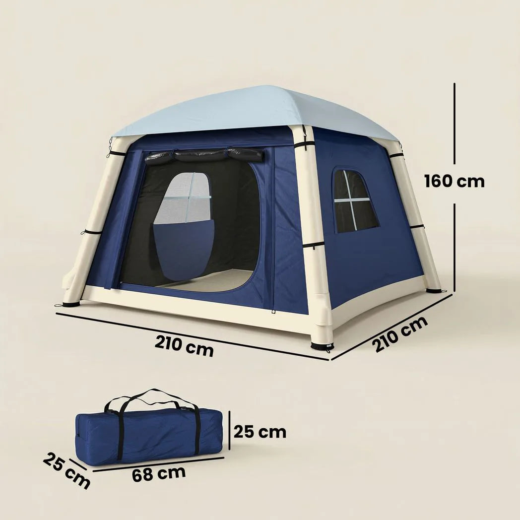Outsunny Inflatable Camping Tent with Hand Pump – 1–2 Person Blackout Blow Up Air Tent with Carry Bag, Dark Blue