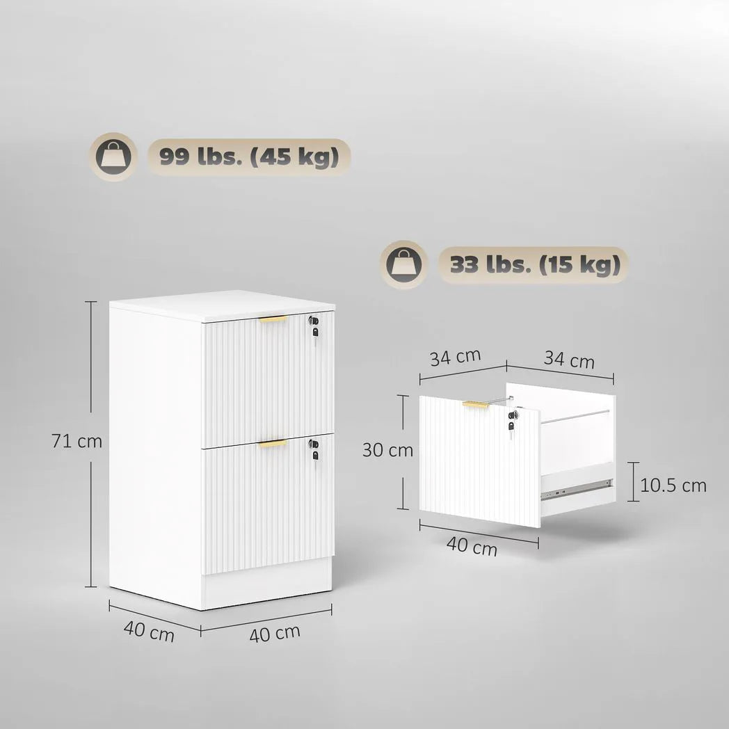 HOMCOM Filing Cabinet with 2 Lockable Drawers, Hanging Rails & Fluted Fronts – Home Office Storage, White