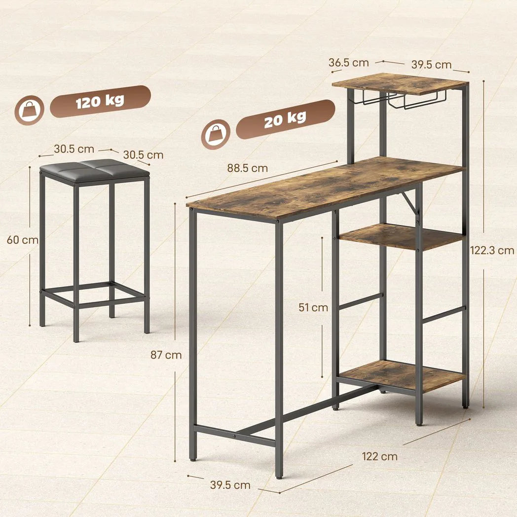 HOMCOM 3 Piece Breakfast Bar Table and Stools Set with 4-Tier Shelving and Wine Glass Racks, Rustic Brown