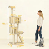 PawHut 180cm Large Cat Tree with Sisal Scratching Posts, Condos, Plush Perches, Hammock and Ladder, Beige