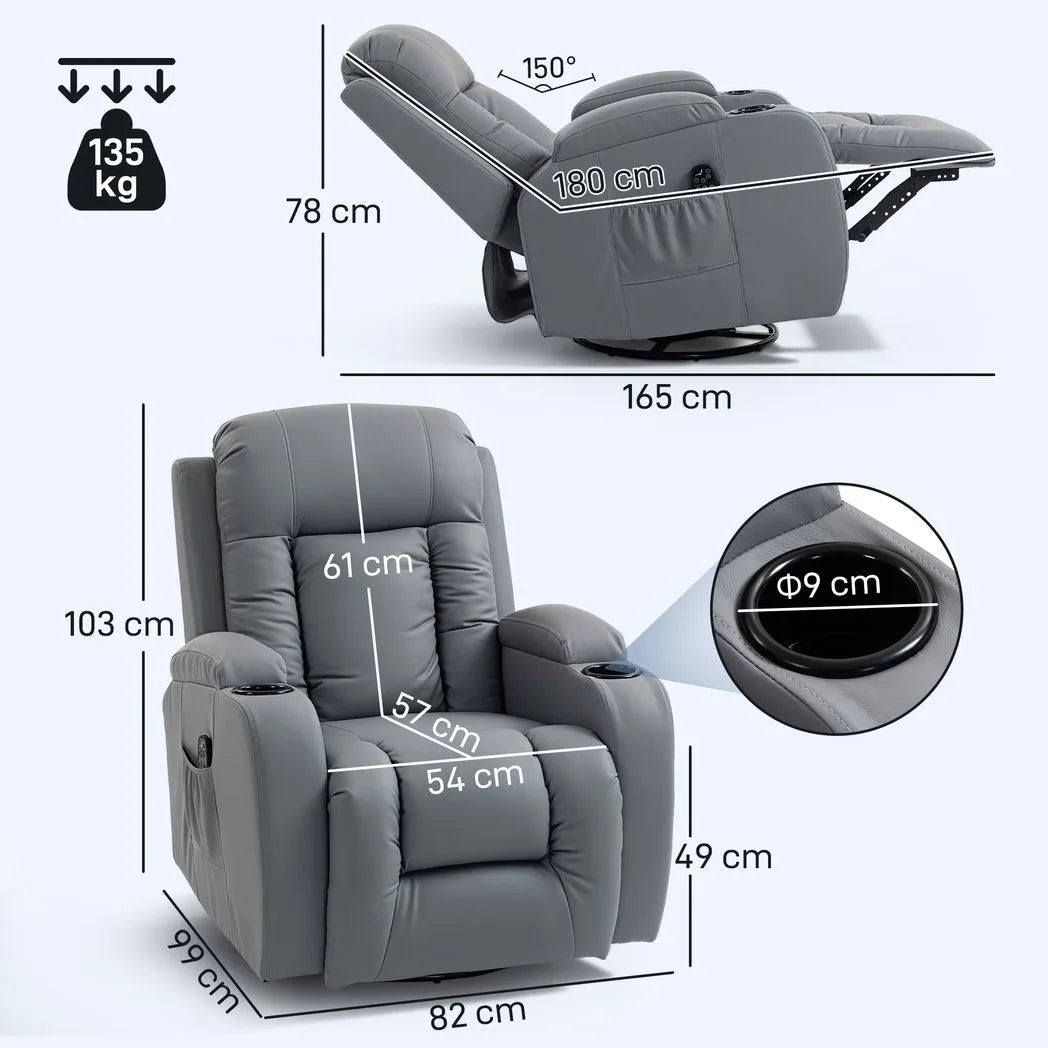 HOMCOM Massage Recliner Armchair with 8-Point Vibration, Lumbar Heat & Swivel Rocking Seat – PU Leather Recliner Chair, Grey