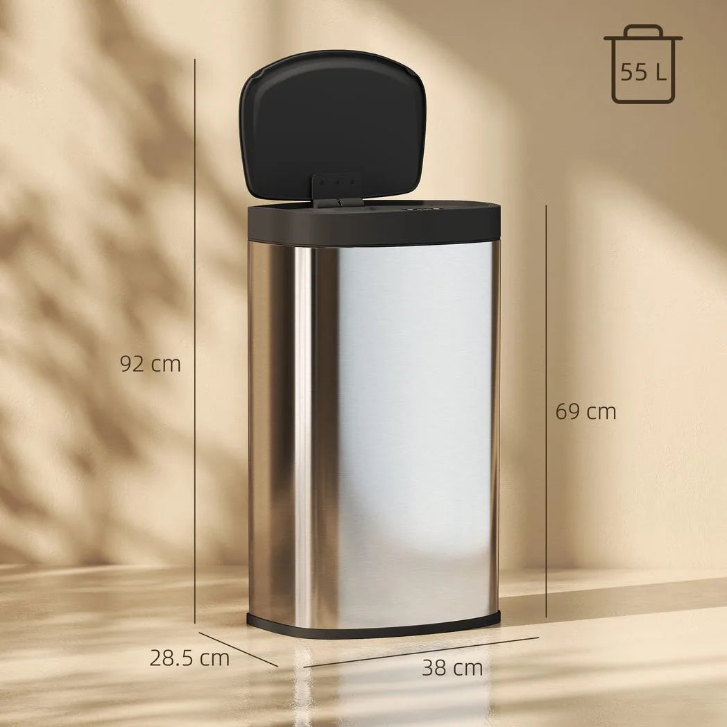HOMCOM 55L Automatic Sensor Bin with Soft-Close Lid – Touchless Fingerprint-Resistant Kitchen Bin, Stainless Steel