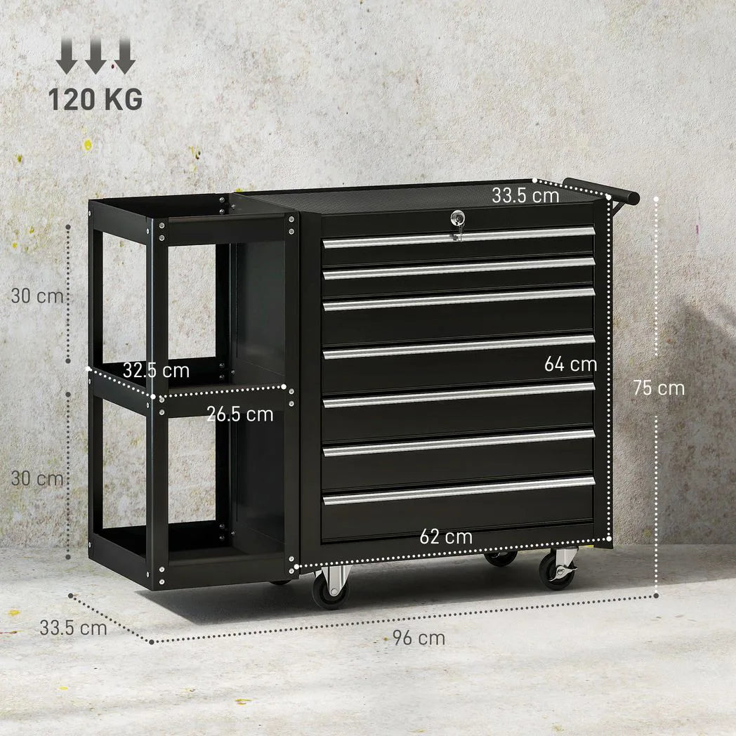 HOMCOM Lockable Steel Tool Chest on Wheels with 7 Drawers and Detachable Shelf – Rolling Workshop Storage, Black