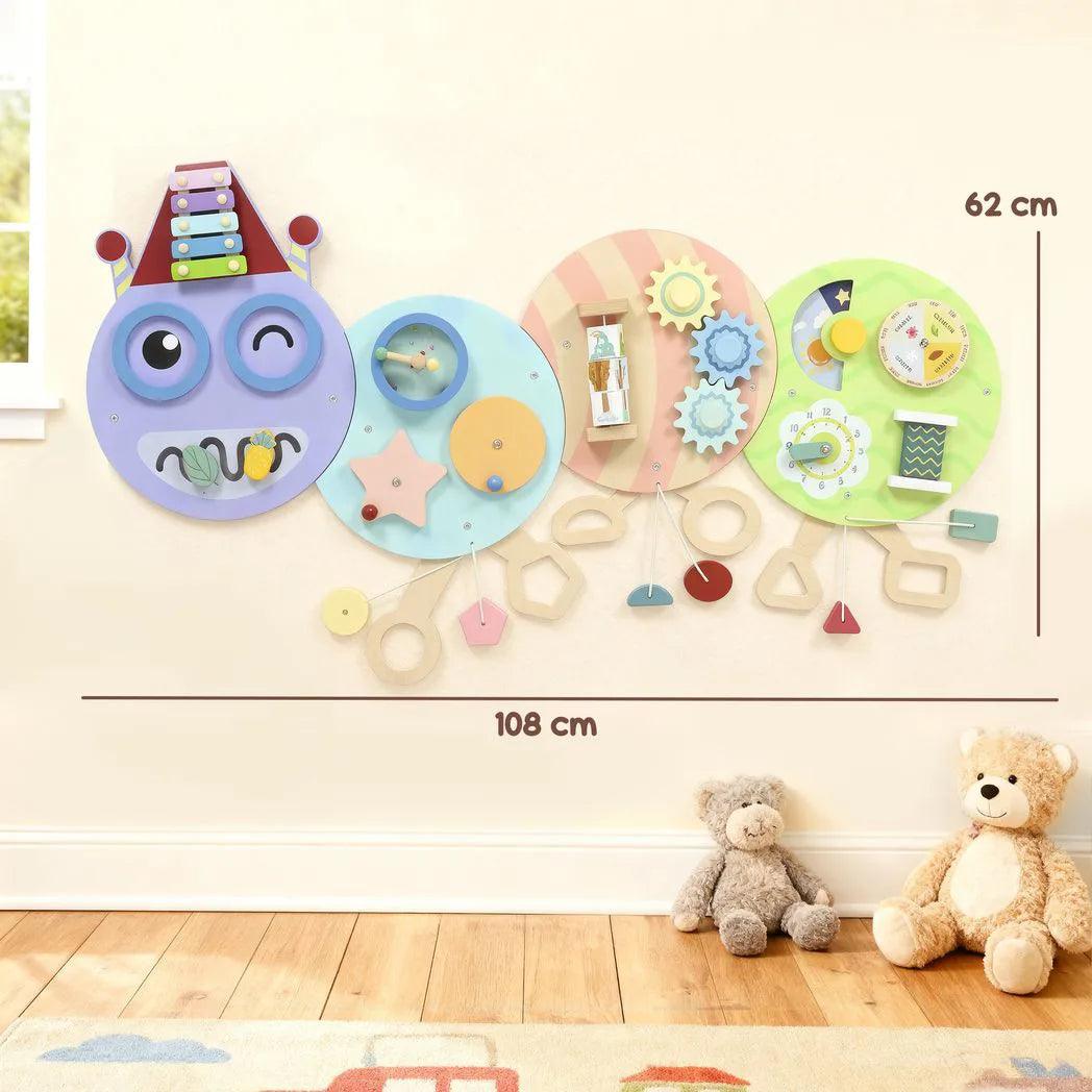 AIYAPLAY Caterpillar Busy Board with 7 Activities – Wall-Mounted Montessori Play for Nursery, Ages 3+