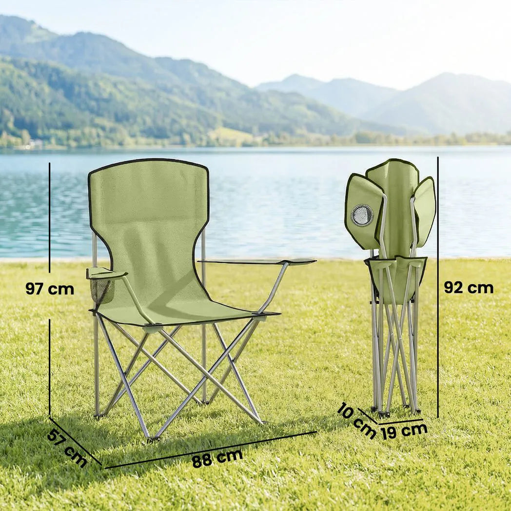 Outsunny Folding Camping Chairs Set of 2 with Cup Holders & Carry Bag – Portable Outdoor Camp Chairs, Green