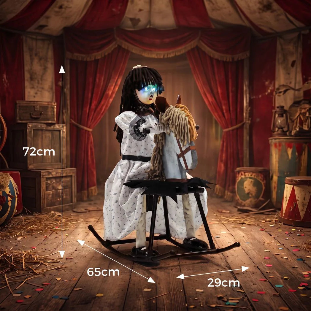 HOMCOM Animated Halloween Girl on Rocking Horse, 72cm Animatronic with Glowing Eyes and Sound/Touch Activation