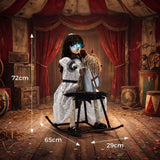 HOMCOM Animated Halloween Girl on Rocking Horse, 72cm Animatronic with Glowing Eyes and Sound/Touch Activation