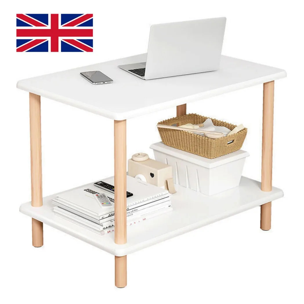Narrow Side Table for Living Room – Small Bedside Table with Shelf, MDF & Solid Wood, White