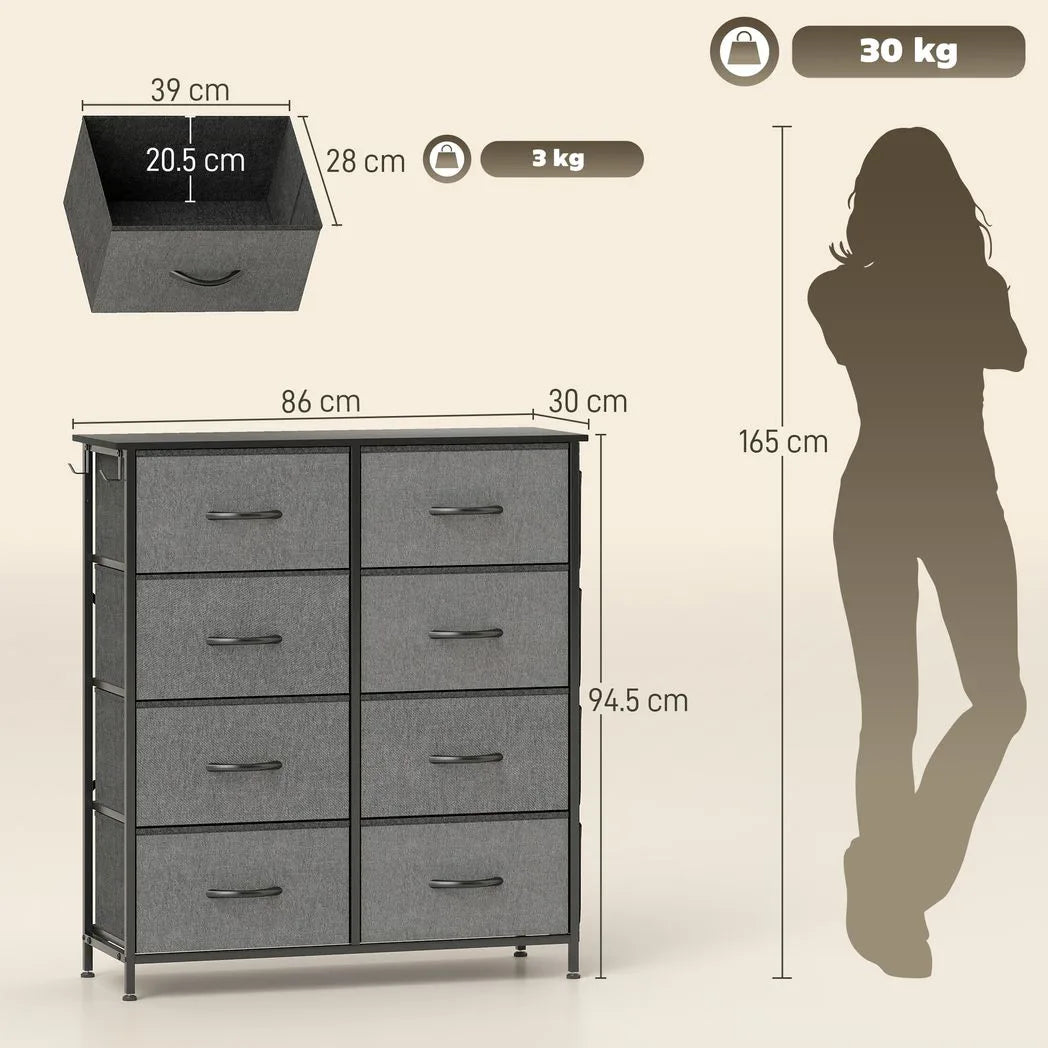 HOMCOM Chest of 8 Fabric Drawers with Steel Frame, Pockets & Hooks – Bedroom Storage, Charcoal Grey