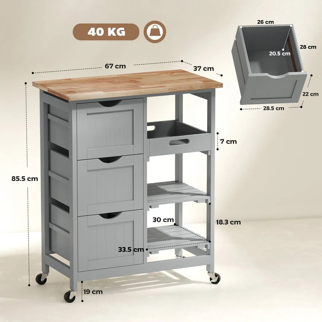 HOMCOM Rolling Kitchen Island Cart with Wood Top, 3 Drawers, 3 Shelves & Side Tray – Serving Trolley, Grey
