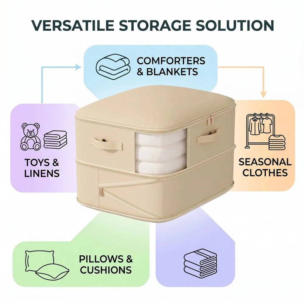 4 Zippered Foldable Clothes Storage Bags with Clear Window & Reinforced Handles – Large Bedding Storage, Beige