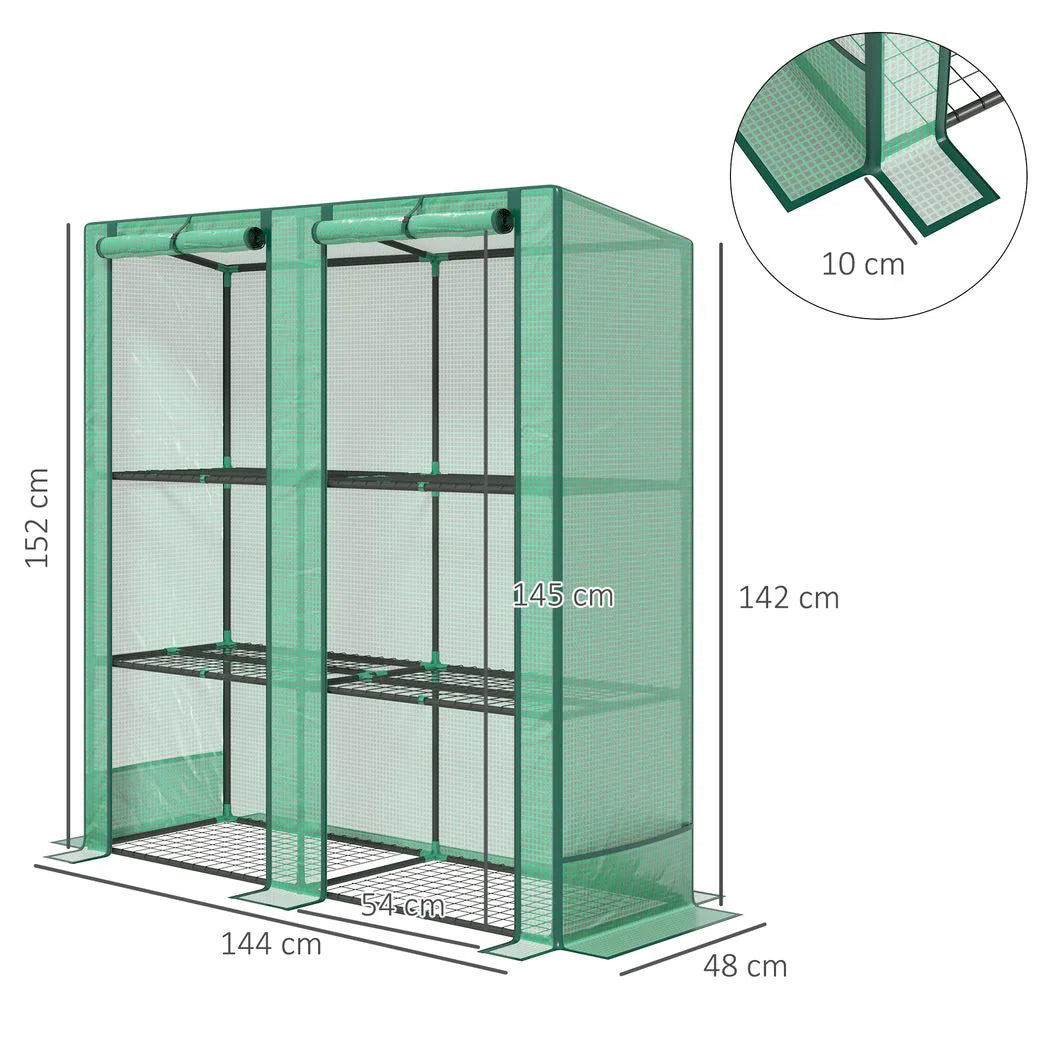 Outsunny Three-Tier Mini Greenhouse with Roll-Up Zipped Doors and 140 gsm PE Cover, Steel Frame – Green