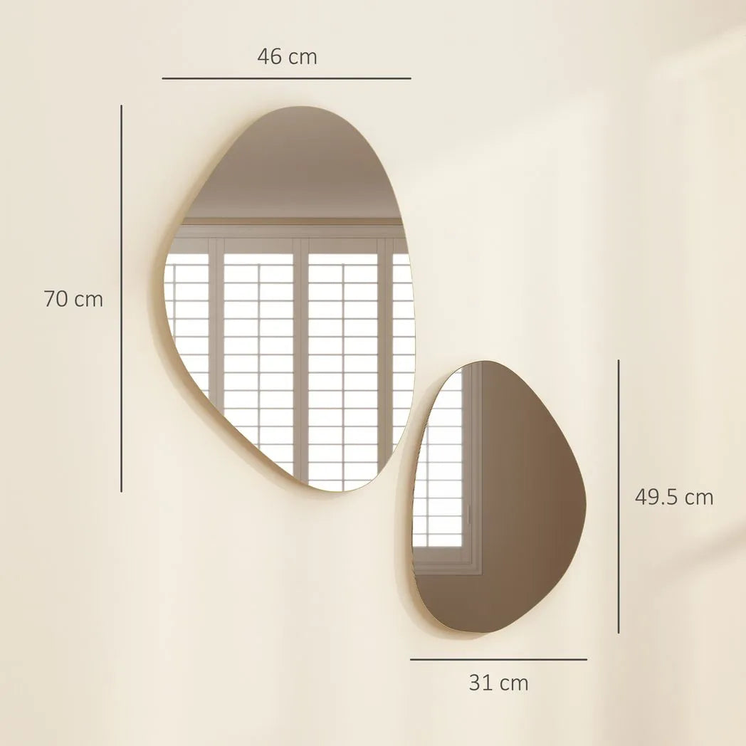 HOMCOM Set of 2 Pebble-Shaped Wall Mirror – Gold Tone