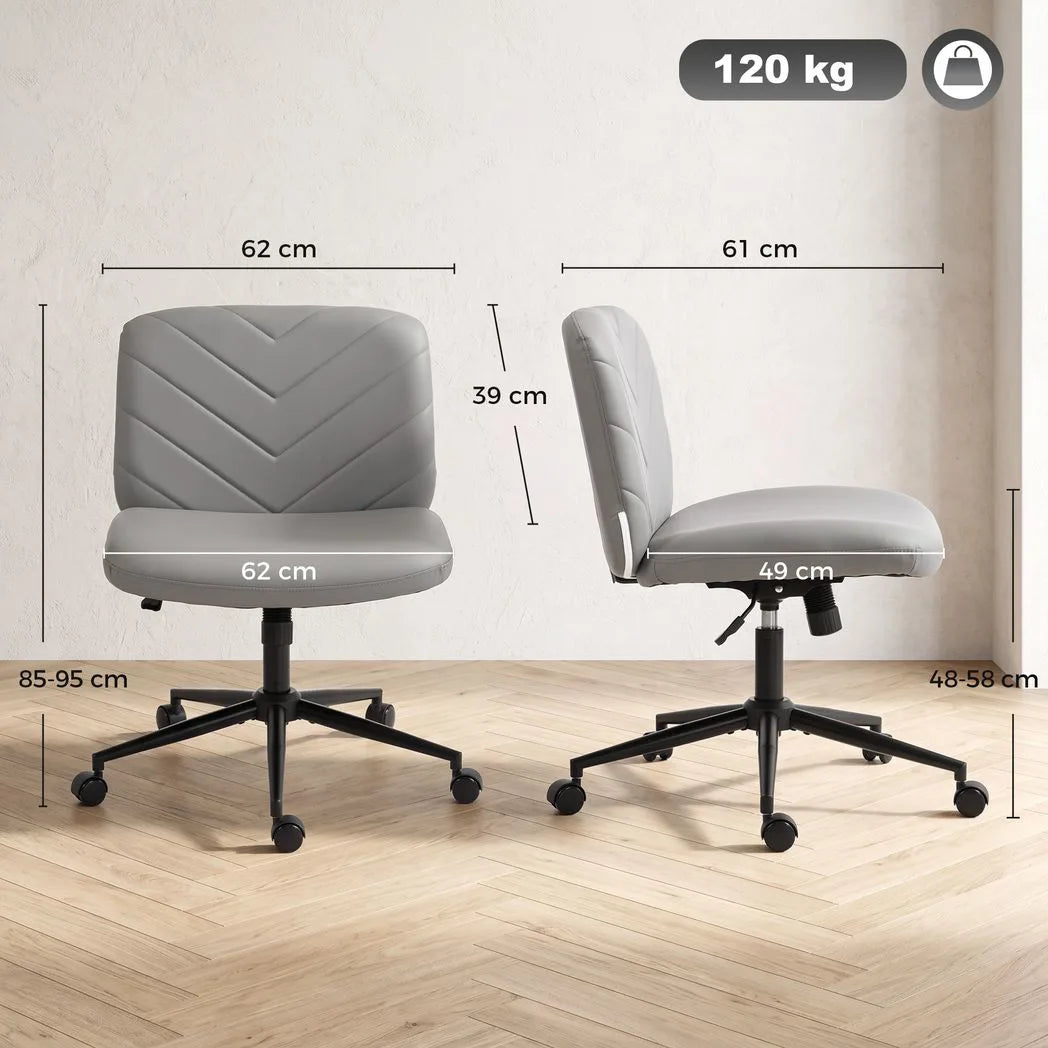 HOMCOM Armless Home Office Desk Chair with Wide 62cm Seat, Adjustable Height and Rocking – Pet-Friendly Leather, Grey