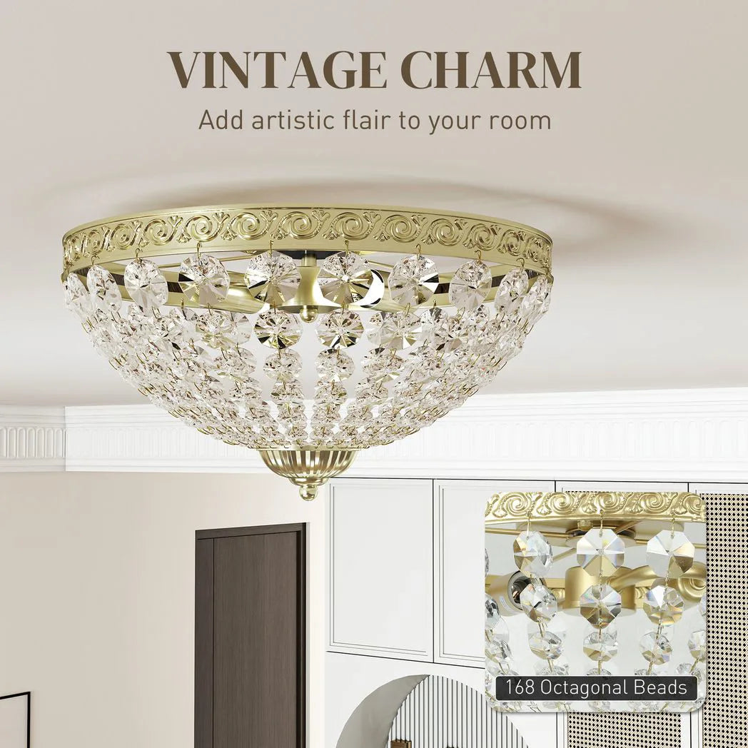 HOMCOM 2-Light Crystal Chandelier Flush Mount Ceiling Light with 168 Octagonal Beads – Vintage, Gold Tone