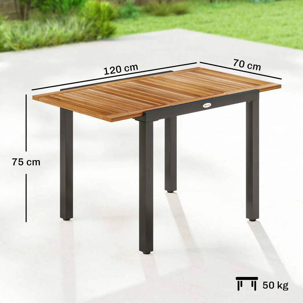 Outsunny Extendable Garden Dining Table with Acacia Wood Top, 80-120cm – Folding Leaf Patio Table, Natural and Black