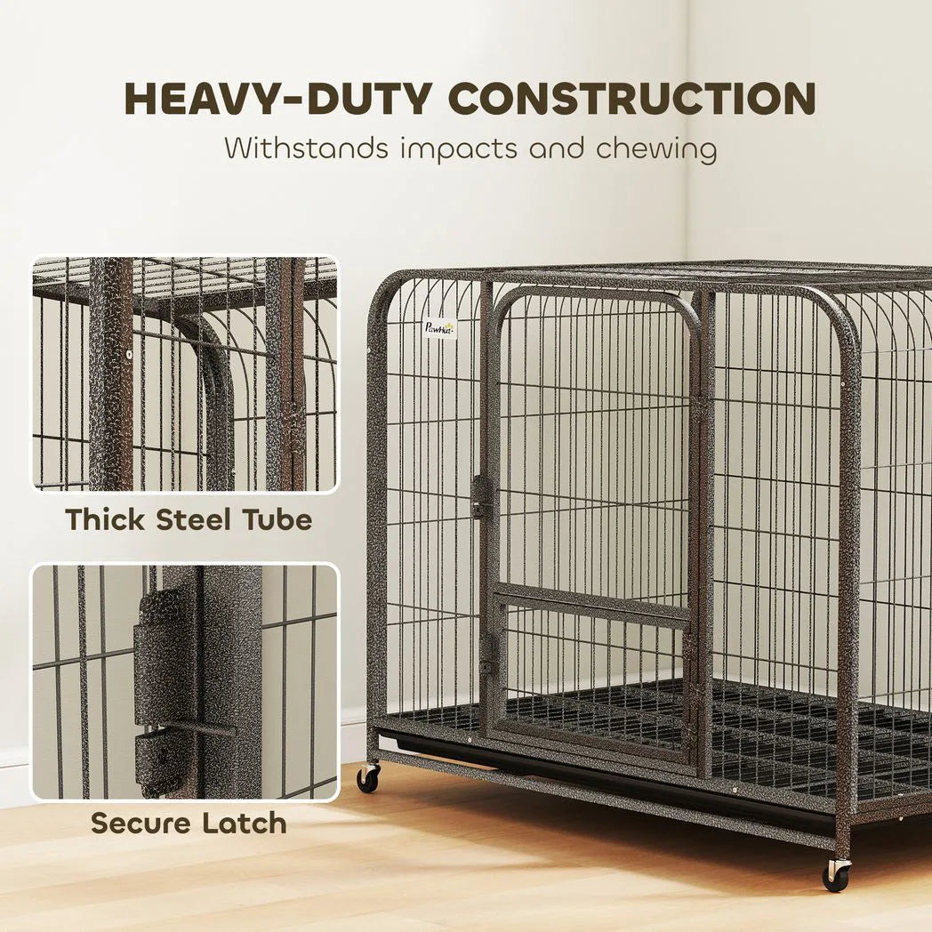PawHut Heavy-Duty Dog Crate with Triple Doors, Removable Tray and Wheels – 116 x 77 x 88 cm, Small to Large Breeds