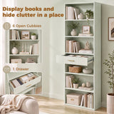 HOMCOM Narrow Tall Bookcase with Drawer and 6 Open Shelves – 182cm Space-Saving Bookshelf, Light Green