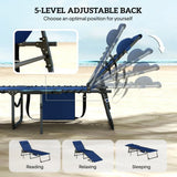 Outsunny Set of 2 Folding Sun Loungers, 5-Position Reclining with Pillow, Side Table and Pocket, Dark Blue