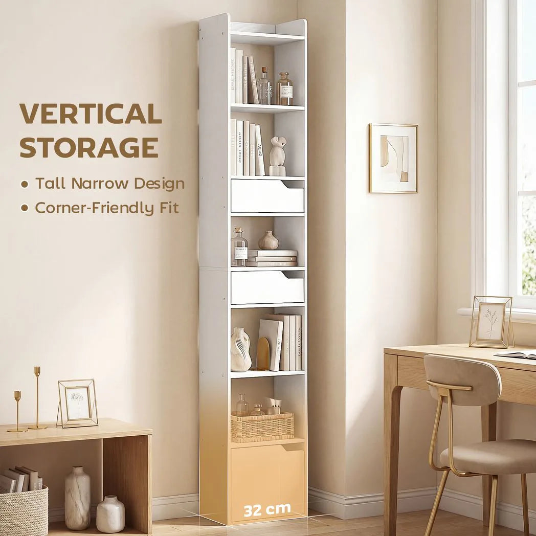 HOMCOM Tall Narrow Bookcase with Drawers and Bottom Cabinet – Freestanding Living Room Storage, White Wood Effect