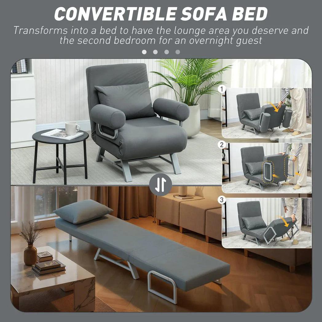 HOMCOM 3-in-1 Single Sofa Bed with Adjustable Backrest and Removable Armrests – Folding Chair Bed, Dark Grey