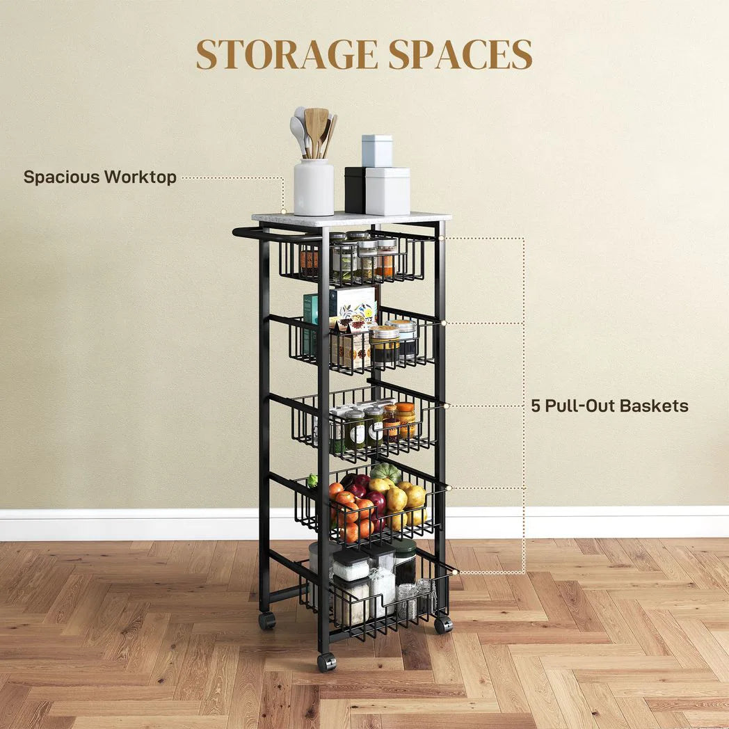 HOMCOM Five Basket Mobile Kitchen Island with Brakes – Storage Trolley, Marble-Effect Top, Grey and Black