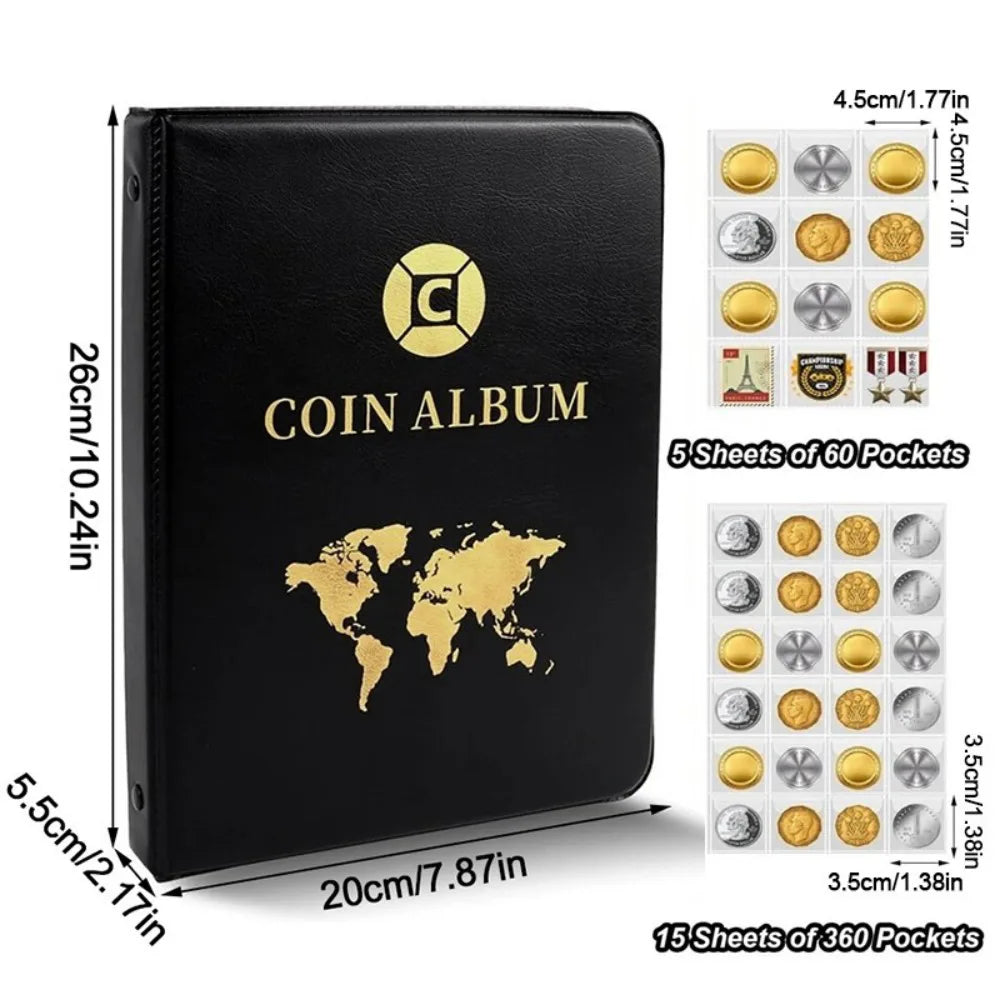 420-Pocket Coin Album with 20 Pages and PU Leather Cover – Collecting Folder for Coins and Stamps, Black