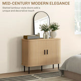 HOMCOM Mid-Century Sideboard with Slatted Tambour Sliding Doors & Steel Legs – Oak Tone