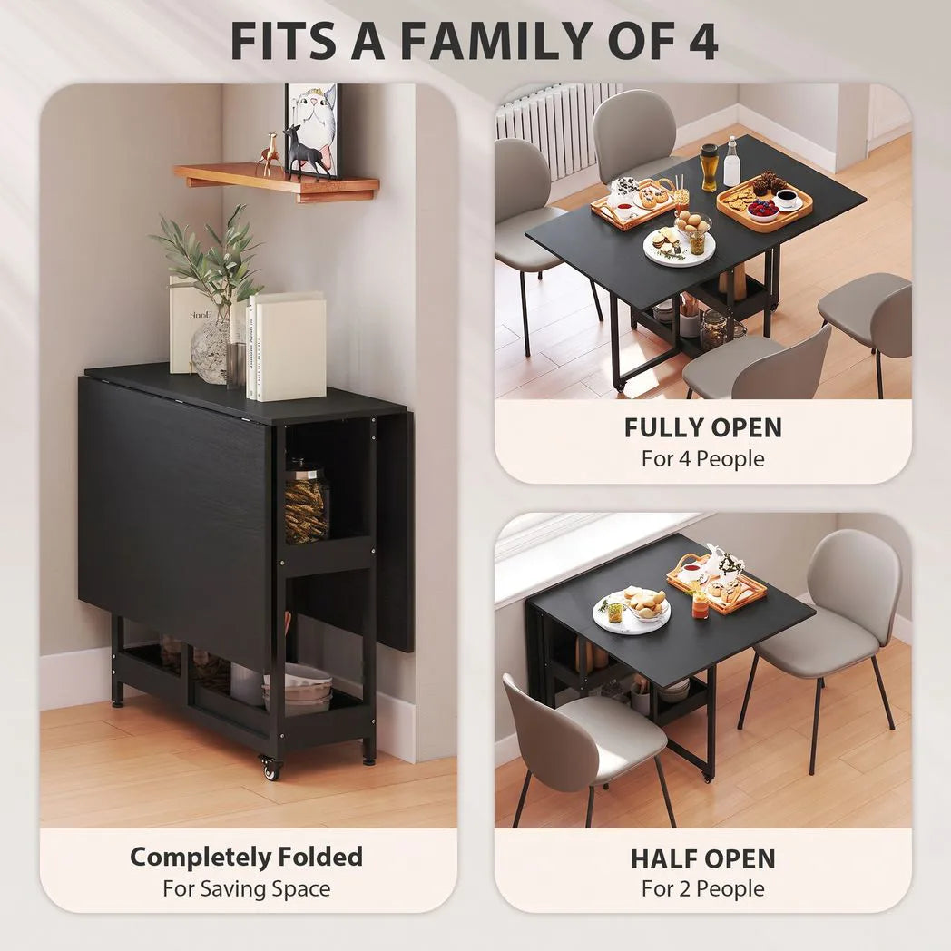 HOMCOM Drop Leaf Dining Table for 2–4 People with Open Shelves and Wheels – Folding Kitchen Table, Black