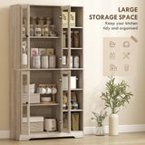 HOMCOM Multi-Storage Kitchen Cabinet with Glass Doors, Soft-Close Hinges and Adjustable Shelves – Grey Wood-Effect