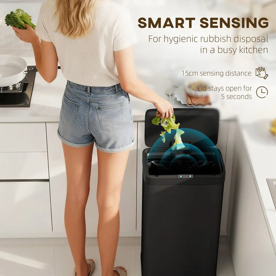 HOMCOM 45L Automatic Kitchen Sensor Bin with Infrared Touch-Free Lid and Removable Bucket, Black