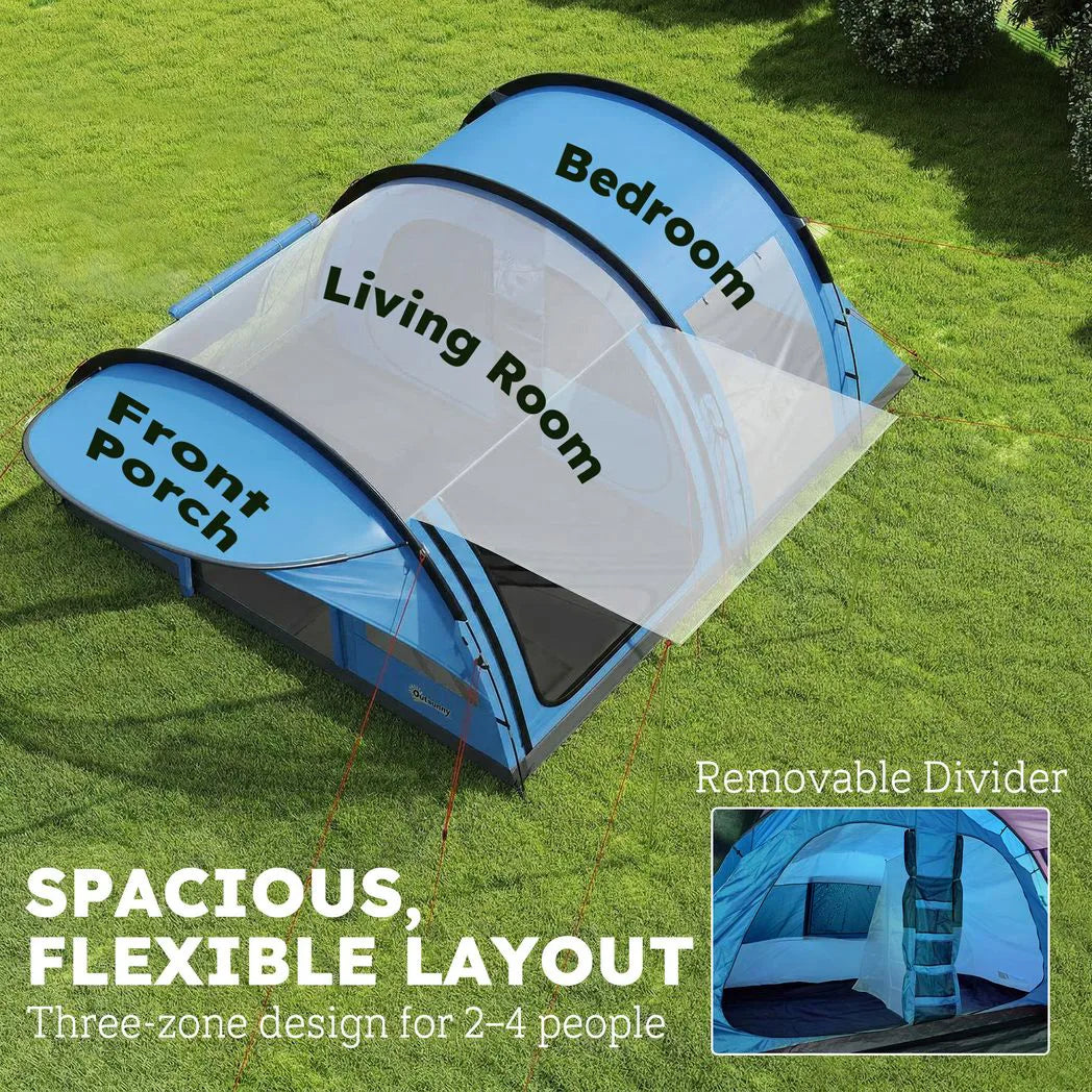 Outsunny 4 Person Family Camping Tent with 2 Rooms & Sewn-In Groundsheet – Waterproof Tunnel Tent, Sky Blue & Grey