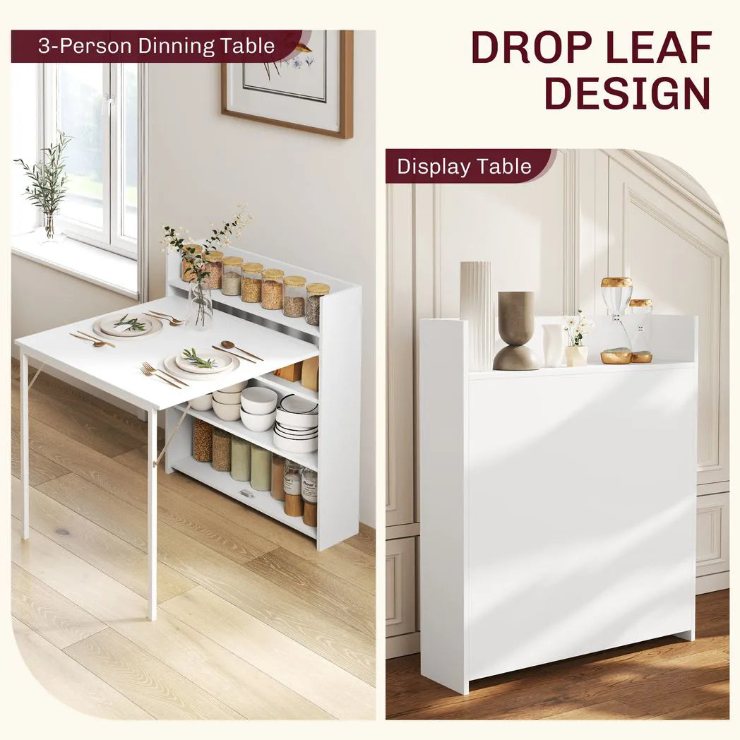 HOMCOM Folding Drop-Leaf Kitchen Table with Storage Shelves – Space-Saving Dining Table, White