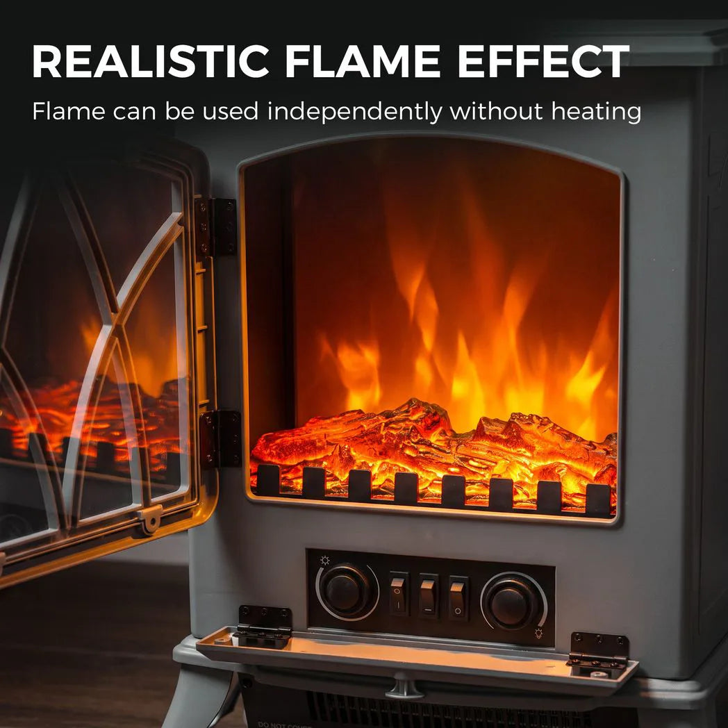 HOMCOM Vintage Electric Fireplace Stove, 1000W/2000W Freestanding with LED Flame and Thermostat – Grey