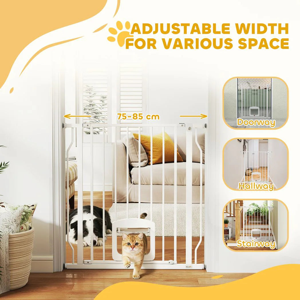 PawHut Adjustable Pet Gate with Four-Way Cat Flap – Pressure Fit Barrier for Doorways, 75-85 cm, White