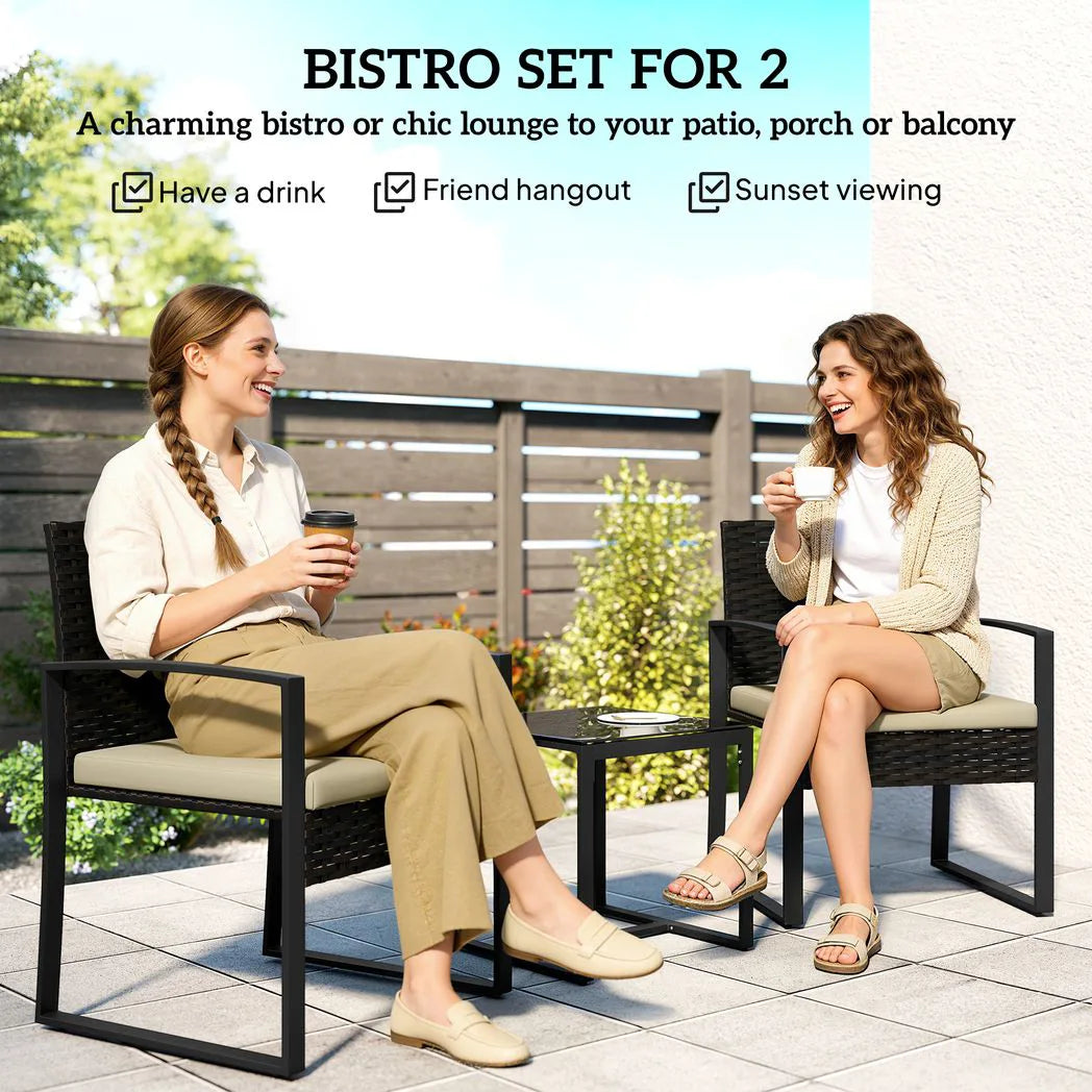 Outsunny 3 Piece Rattan Bistro Set with Glass Top Table and Cushions, Khaki