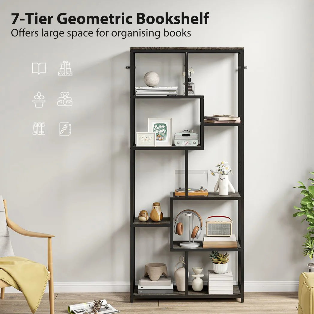 HOMCOM Seven-Tier Geometric Bookcase with Asymmetrical Open Shelves and Anti-Tipping Device – Grey and Black